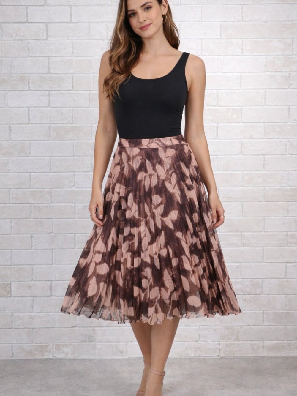 The Limited Brown Peach Print Pleated Skirt Size M New